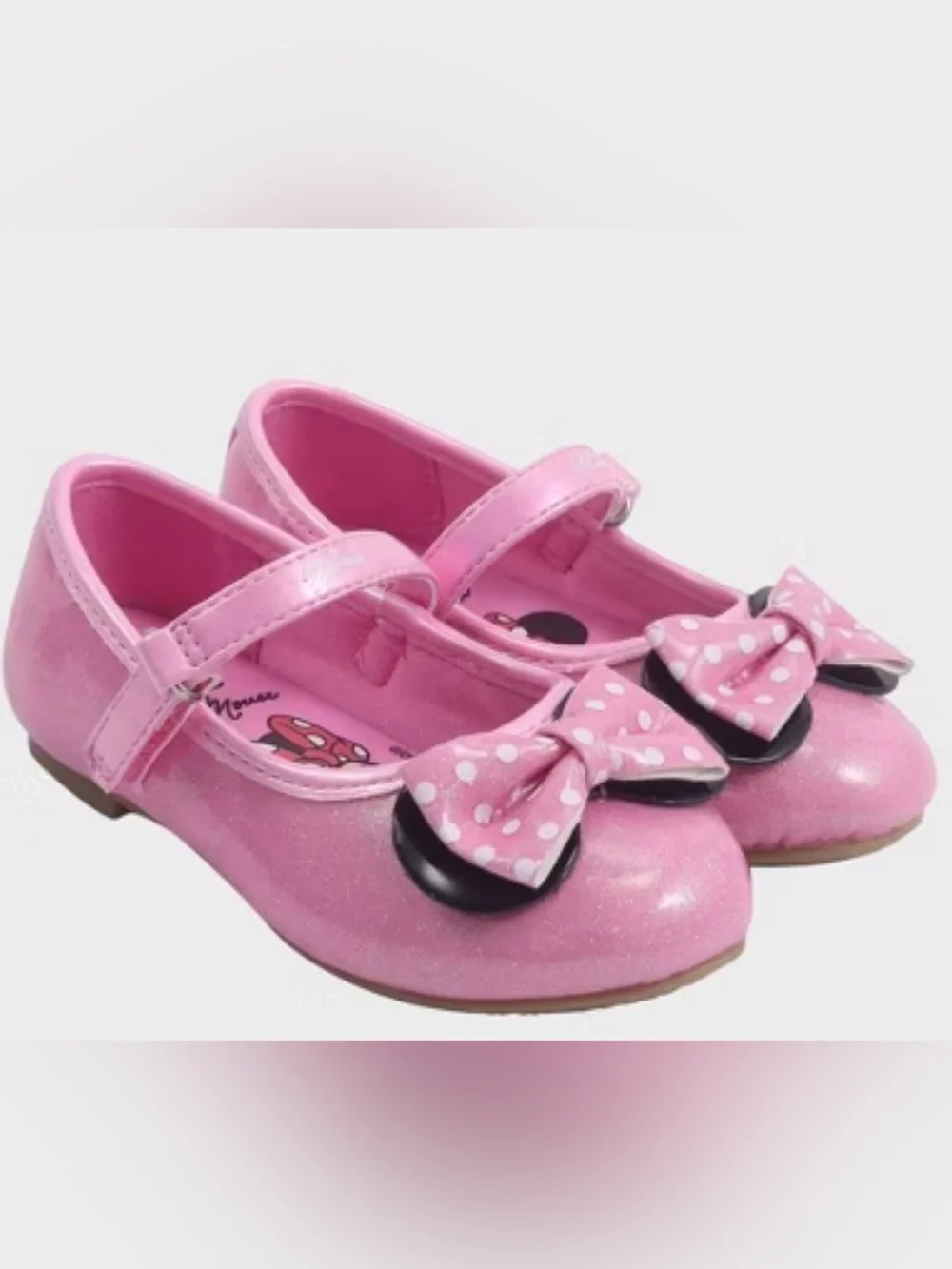 Disney Minnie Ballet Flat Pink Glitter Mary Jane Shoes with Polka Dot Bow NEW